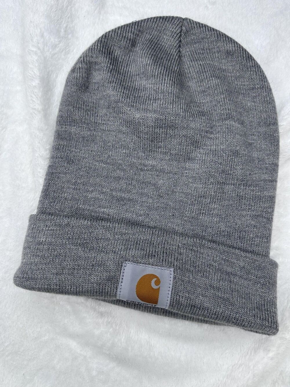 Carhartt Hat Beanie Mens One Size Gray Knit Cuffed Winter Stretch Logo Workwear